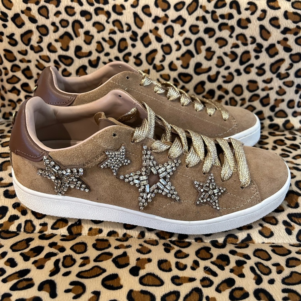 Coach Brown & Gold Star Embellished Suede Sneakers - Picture 3 of 6